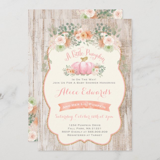 Pumpkin Baby Shower-inbjudan Rustic Pumpkin Inbjudningar (Fram/baksida)