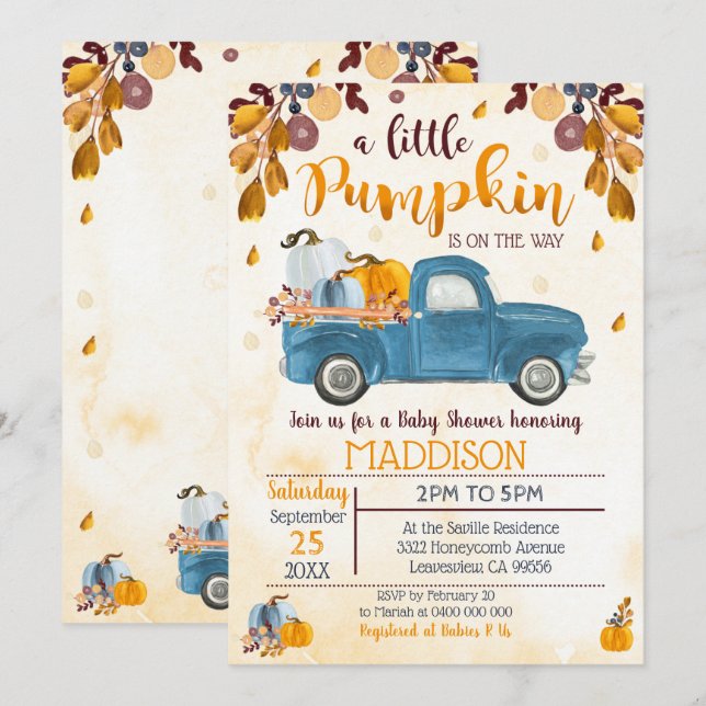 Pumpkin Baby Shower-inbjudan till Lastbil Pumpkins Inbjudningar (Fram/baksida)