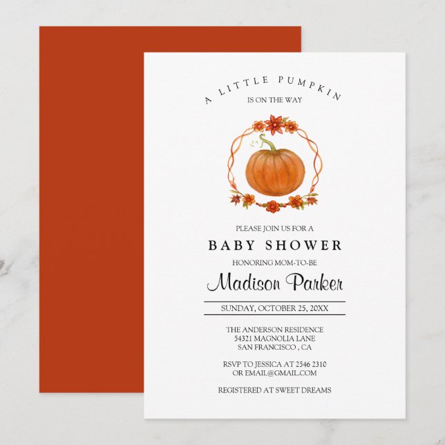 Pumpkin Baby Shower Inbjudningar (Fram/baksida)
