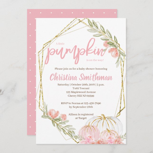 Pumpkin Baby Shower-inbjudningar för en flicka Inbjudningar (Fram/baksida)