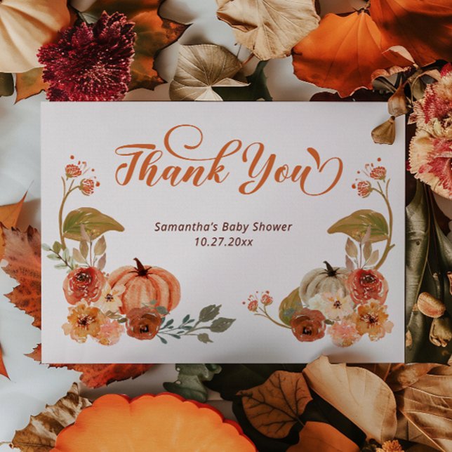 Pumpkin Baby Shower på hösten Blommigt Tack Kort (Skapare uppladdad)
