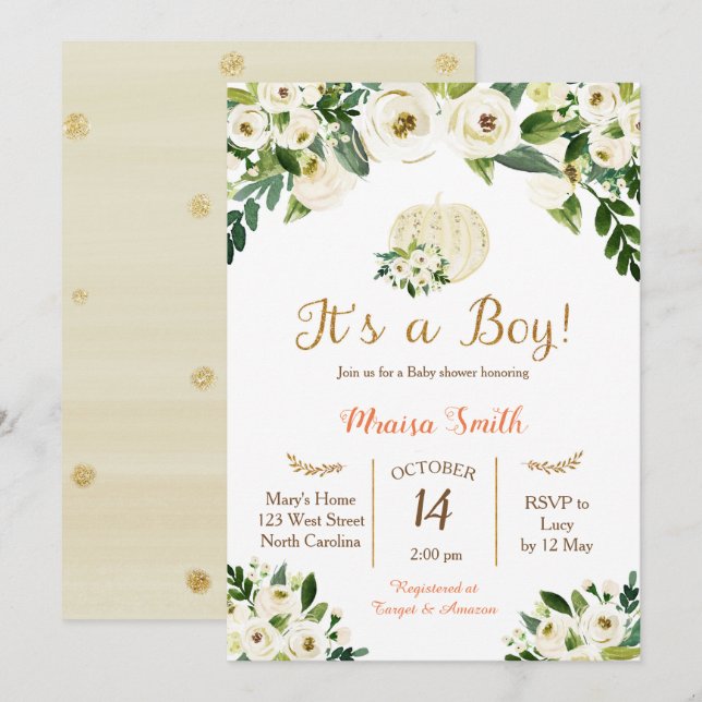 Pumpkin Baby Shower-pojke från vit Guld Inbjudningar (Fram/baksida)