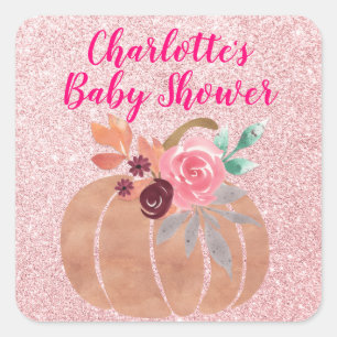 Pumpkin Baby Shower Ro Guld i Blommigt på hösten Fyrkantigt Klistermärke