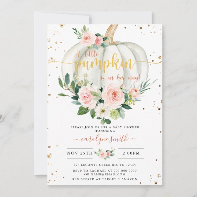 Pumpkin Baby Shower, Rosa Guld Elegant Inbjudningar (Framsida)