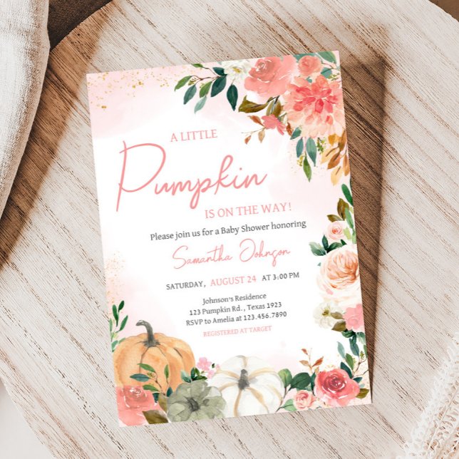 Pumpkin Baby Shower rosa Hösthöstens Blommigt Pump Inbjudningar (Autumn Floral Pumpkin Baby Shower Invitation)