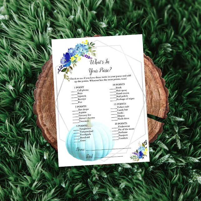 Pumpkin Baby Shower What's in your Purse | Blå Inbjudningar (Skapare uppladdad)