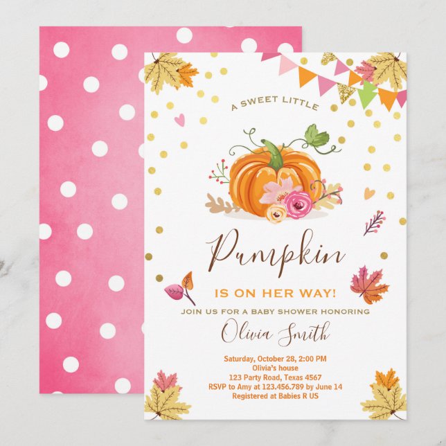 Pumpkin Babydusch-inbjudan Hösten - Rosa Inbjudningar (Fram/baksida)