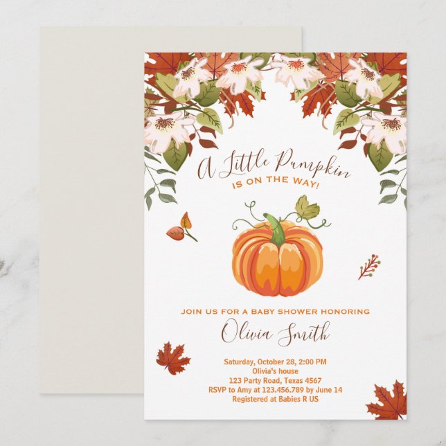 Pumpkin Babydusch inbjudan höstfällning Neutralt (Fram/baksida)