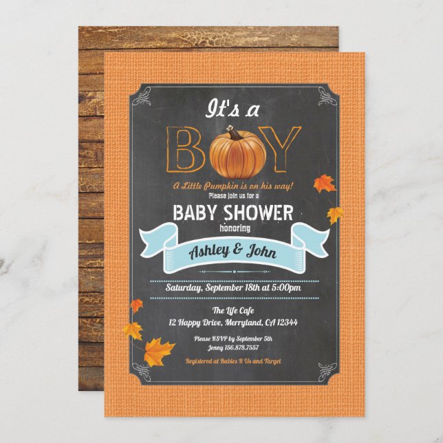 Pumpkin babydusch, rustik burlap chalkboard inbjudningar (Fram/baksida)