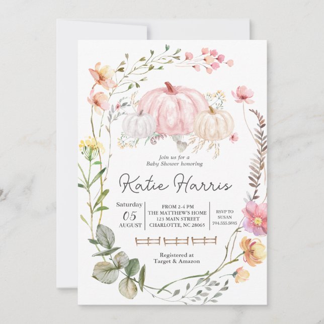 Pumpkin-babyduschinbjudan, rosaPumpkin inbjudan (Framsida)