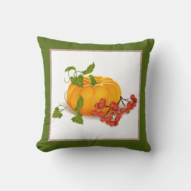 Pumpkin, bär, grönt löv faller Thanksgiving Kudde (Framsida)