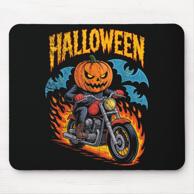 Pumpkin Biker Riding A Motorcycle Halloween Costum Musmatta (Framsidan)