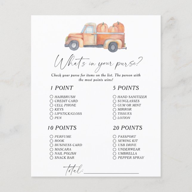 Pumpkin-bil - Vad är det i ditt handväska? (Framsida)