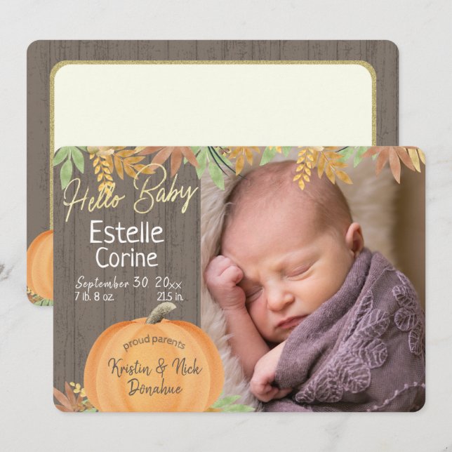 Pumpkin Birth Notice and Tack Inbjudningar (Fram/baksida)