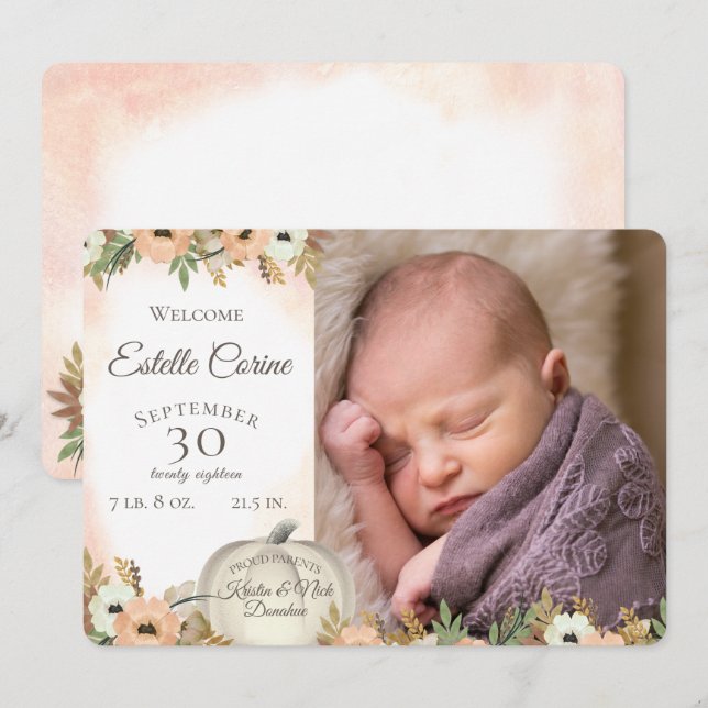 Pumpkin Birth Notice and Tack Inbjudningar (Fram/baksida)