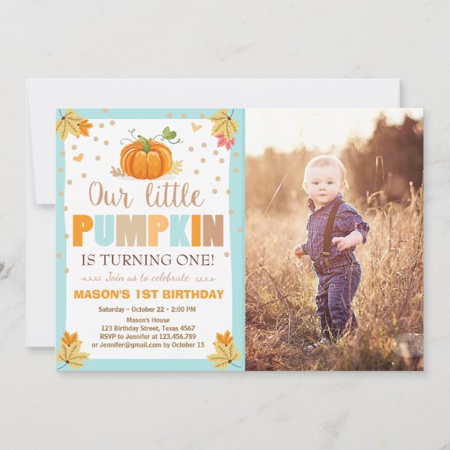Pumpkin Birthday bjudande Boy Birthday Fall blue Inbjudningar (Framsida)