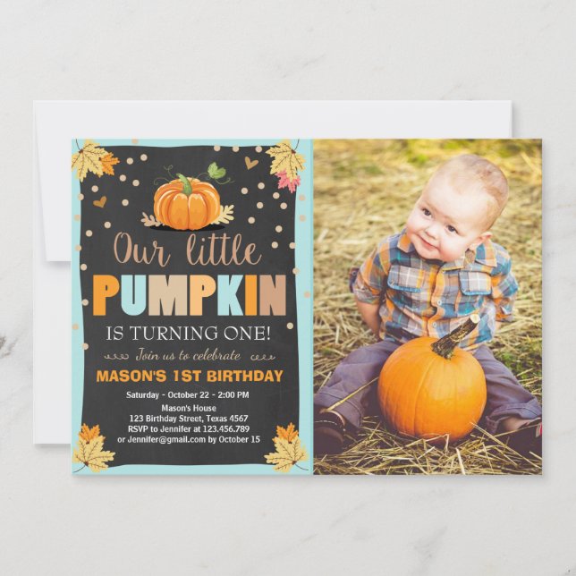 Pumpkin Birthday bjudande Boy Birthday Fall blue Inbjudningar (Framsida)