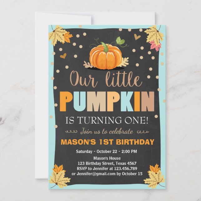 Pumpkin Birthday bjudande Boy Birthday Fall blue Inbjudningar (Framsida)