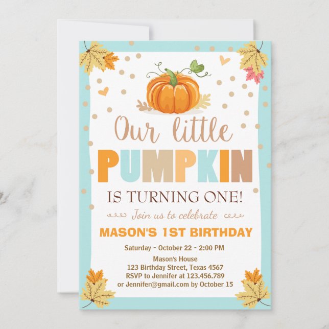 Pumpkin Birthday bjudande Boy Birthday Fall blue Inbjudningar (Framsida)