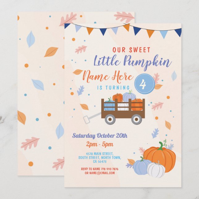 Pumpkin Birthday Inbjudan Fall Boy Blue Trailer (Fram/baksida)
