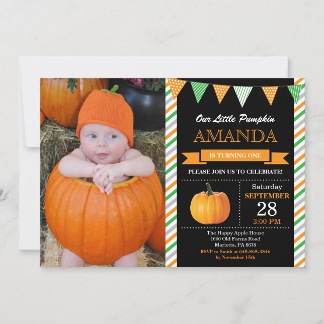 Pumpkin Birthday-inbjudan, Orange och Grönt Inbjudningar (Framsida)