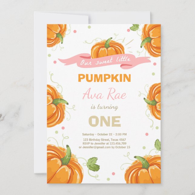 Pumpkin Birthday-inbjudan Rosa Första födelsedag Inbjudningar (Framsida)