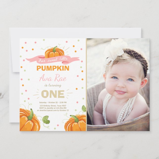 Pumpkin Birthday-inbjudan Rosa Första födelsedag Inbjudningar (Framsida)