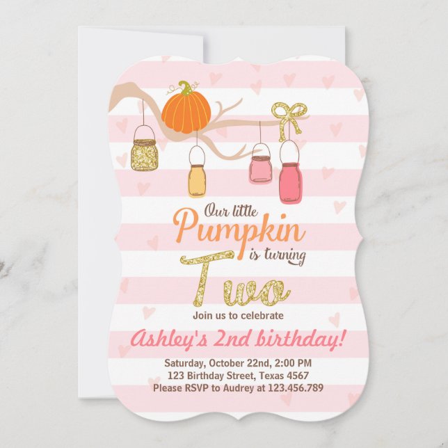 Pumpkin Birthday-inbjudan Rosa Guld andra Bday Inbjudningar (Framsida)
