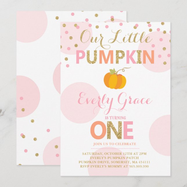 Pumpkin Birthday-inbjudan Rosa Guld Pumpkin Inbjudningar (Fram/baksida)