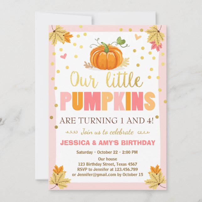 Pumpkin Birthday-inbjudan Rosa Twin Joint Dual Inbjudningar (Framsida)