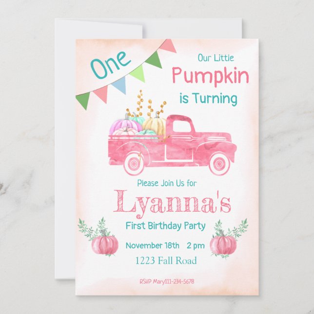 Pumpkin Birthday, Pumpkin Party, Fall, Rosa Party Inbjudningar (Framsida)