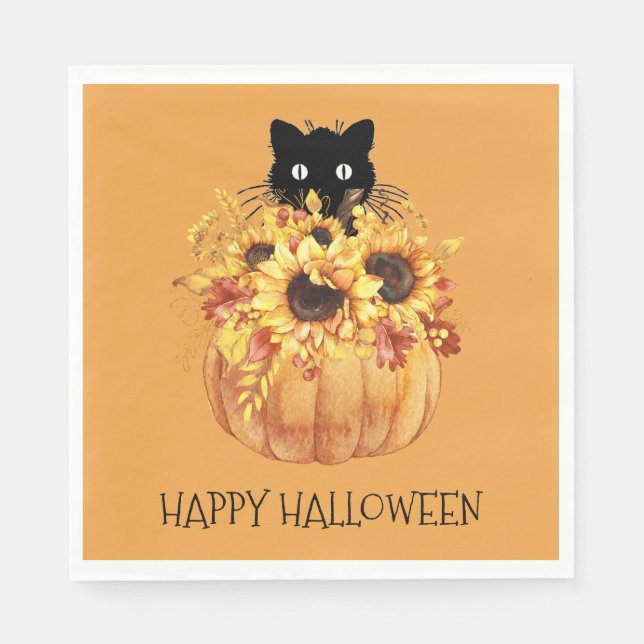 Pumpkin Black Cat Halloween Napkins Pappersservett (Framsidan)
