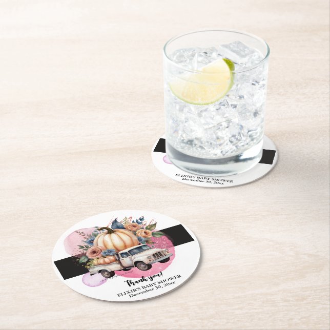 Pumpkin Black Rosa Blommigt Lastbil Baby Shower Underlägg Papper Rund (Insitu)