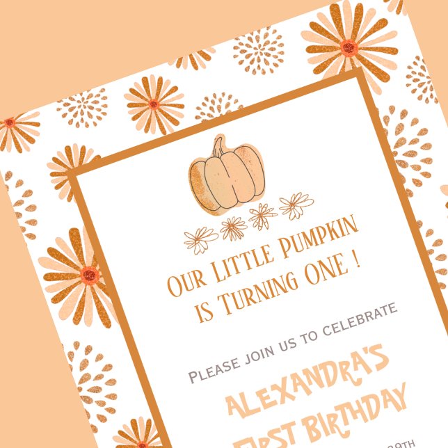 Pumpkin Blommigt Autumn Fall Halloween 1 födelseda Inbjudningar (Halloween-1st-birthday-Invitation-Pumpkin-Floral-Autumn Fall-orange-1)