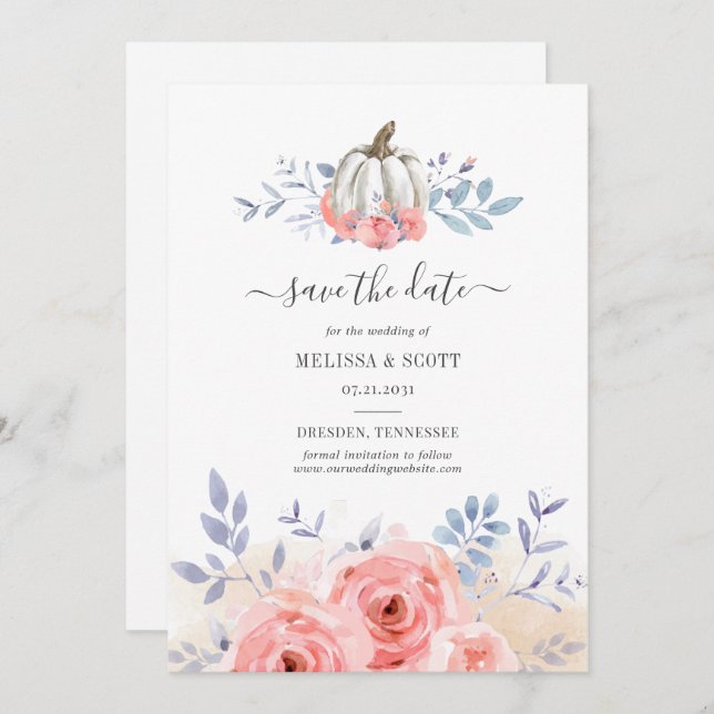 Pumpkin-Blommigt för  Rosa ros-hösten Spara Datumet (Fram/baksida)