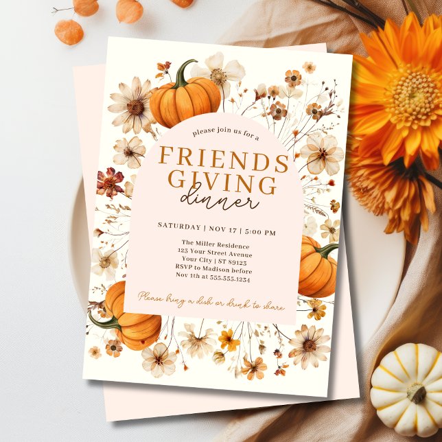 Pumpkin Blommigt Friendsgiving Middag Inbjudningar (Fall Pumpkin Friendsgiving Dinner Invitation
)