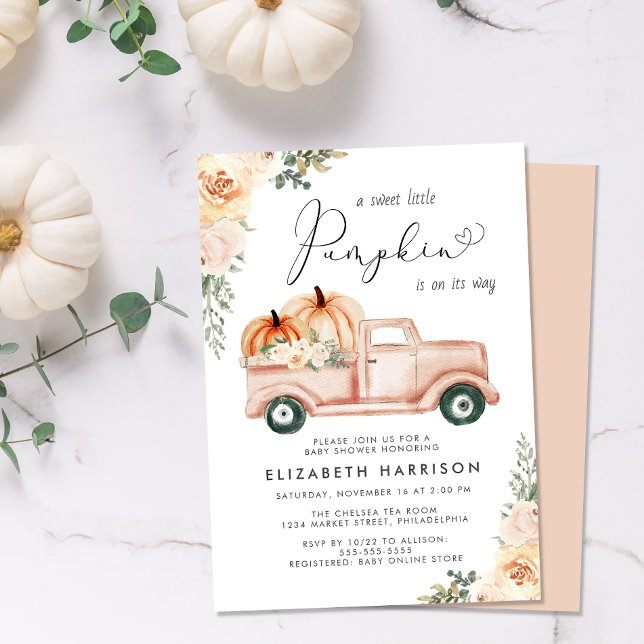 Pumpkin Blommigt Lastbil Watercolor Baby Shower Inbjudningar (Celebrate the upcoming arrival of your sweet little autumn baby with a pumpkin-themed baby shower)