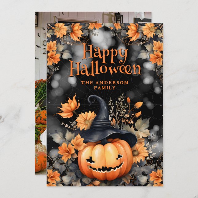 Pumpkin Blommigt Photo Happy halloween Card Julkort (Fram/baksida)