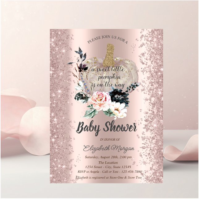 Pumpkin,Blommigt,Ro Guld Gnistra Baby Shower Inbjudningar (Skapare uppladdad)