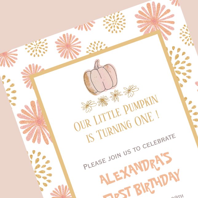 Pumpkin Blommigt Rosa Guld Halloween 1 födelsedag Inbjudningar (Halloween-1st-birthday-Invitation-Pumpkin-Floral-Pink-Gold-1)