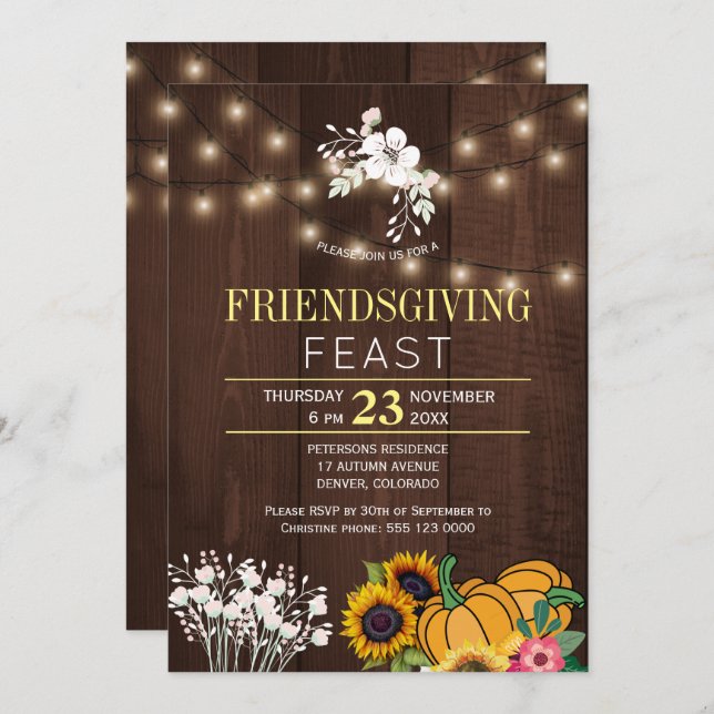 Pumpkin Blommigt Rustic Wood Ljus Friendsgiving Inbjudningar (Fram/baksida)