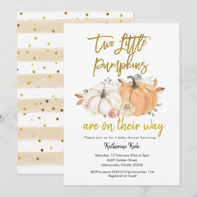 Pumpkin Blommigt Twillingars Baby Shower-inbjudan Inbjudningar (Fram/baksida)
