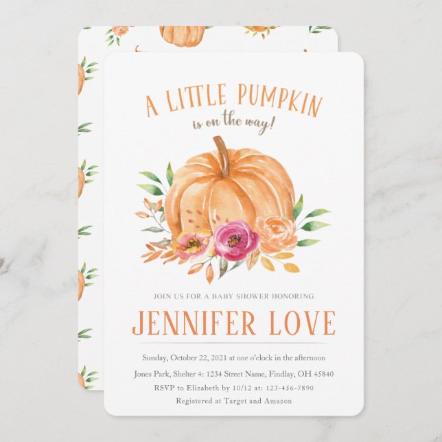 Pumpkin Blommigt Watercolor Fall Baby Shower Inbjudningar (Fram/baksida)