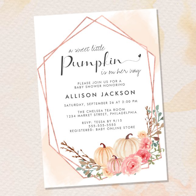 Pumpkin Blommigt Watercolor Flicka Shower Inbjudningar (Celebrate the upcoming arrival of your sweet little autumn baby with a pumpkin-themed baby shower)