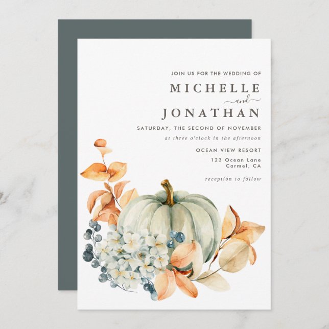 Pumpkin & Blommigts bröllopsinbjudan Höst färger Inbjudningar (Fram/baksida)