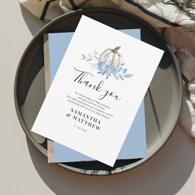 Pumpkin Blue Blommigt Baby Shower Tack Anteckningskort (Fall Pumpkin Couples Baby Shower Script Thank You Card)