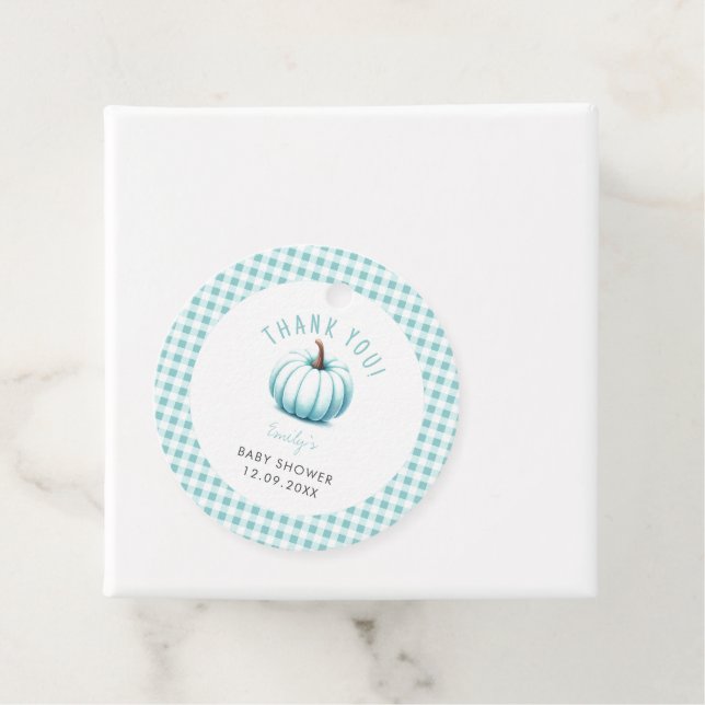 Pumpkin Blue Gingham Play Boy Shower Gåvor Etiketter (På plats)