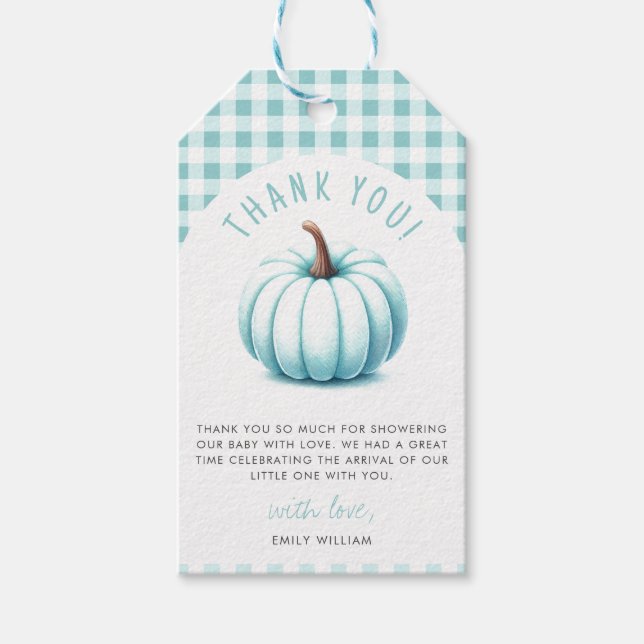 Pumpkin Blue Gingham Play Boy Shower Presentetikett (Framsidan)