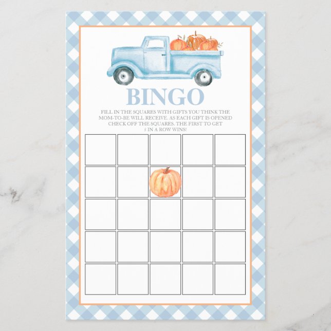 Pumpkin Blue lastbil Baby Shower Bingo Flygblad (Framsidan)