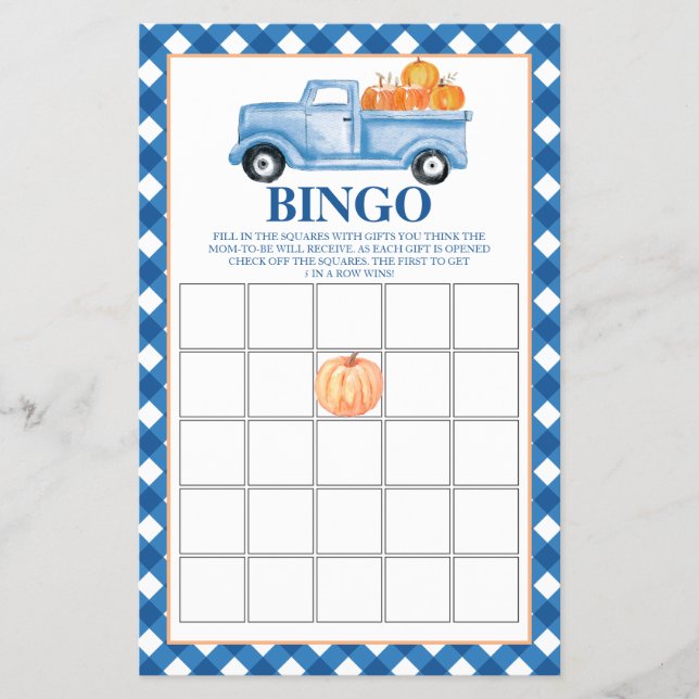 Pumpkin Blue lastbil Baby Shower Bingo Flygblad (Framsidan)